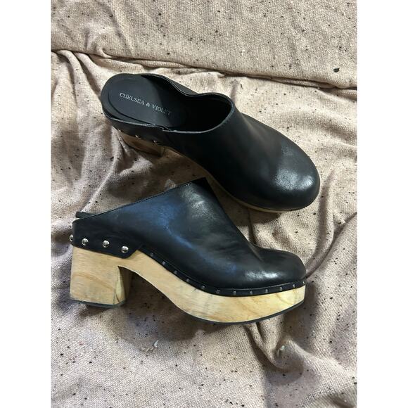 Chelsea & Violet Black Leather Wood Heel Clogs Women’s 10 Boho Retro - Picture 1 of 8